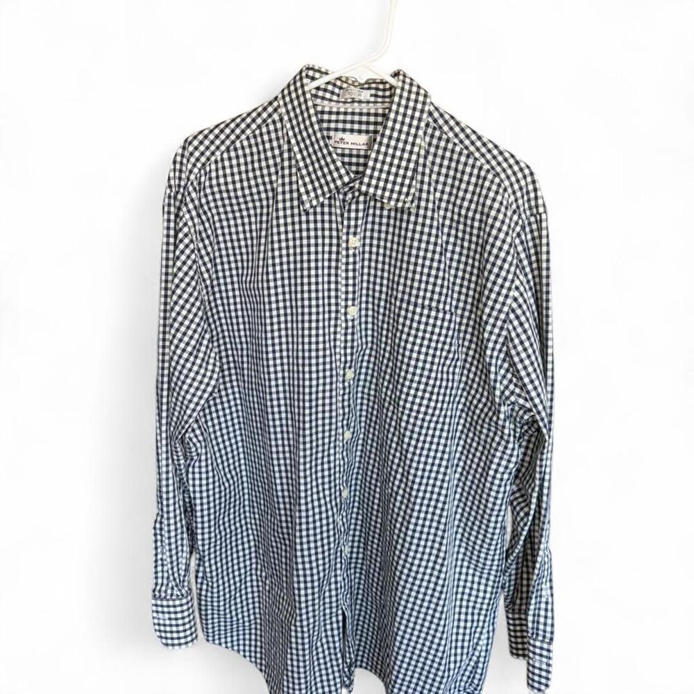 Peter Millar Men's XL Shirt Navy Gingham with Neon Highlighter Yellow Overcheck